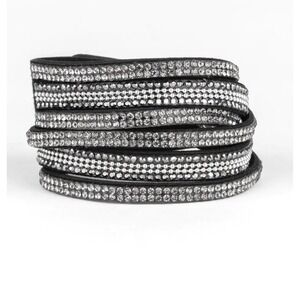 363 Faux Suede Wrap Bracelet Black Silver Rhinestone Snap Glam Goth